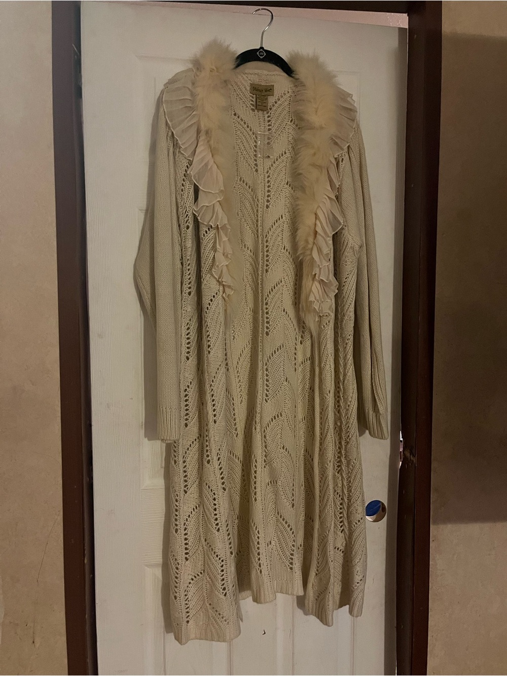 Midnight Velvet Cream Longline pointelle knit long duster cardigan